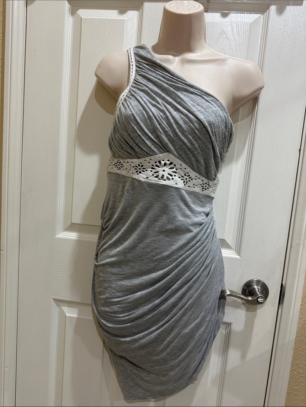 Bebe One-Shoulder Grey Ruched Dress with Leather Lace Waistband size Small